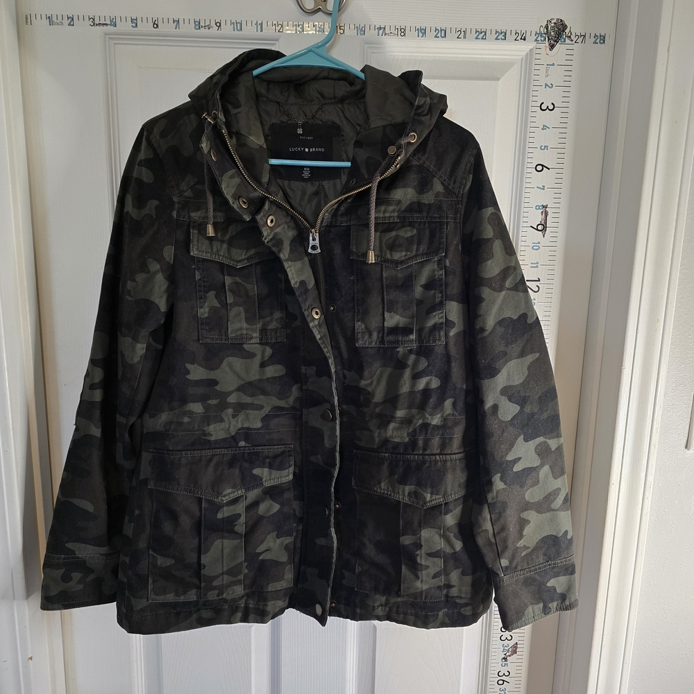 Lucky Brand Camouflage Hooded Military Jacket Womans Green Black